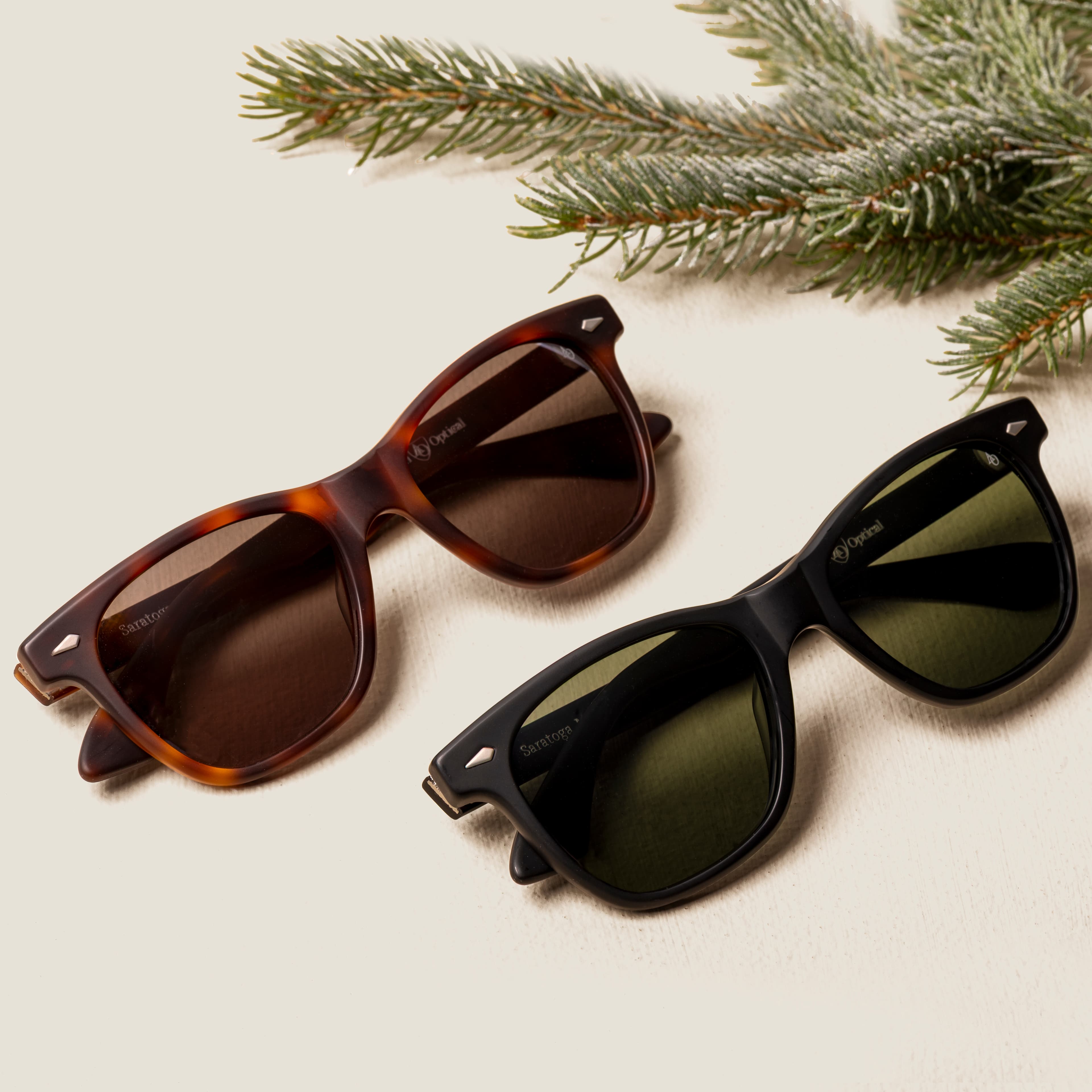 A festive, Christmas-themed image of AO Eyewear products