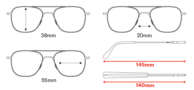 linke und rechte Schläfe, Schläfenmessung, Messung für Sonnenbrillen
